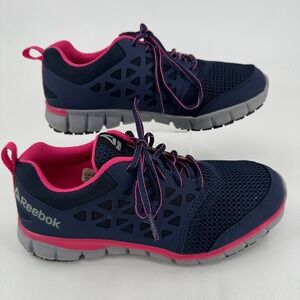 Reebok Work Shoes WOMENS Navy Blue Pink Lace Up Soft Toe SIZE 9.5 W